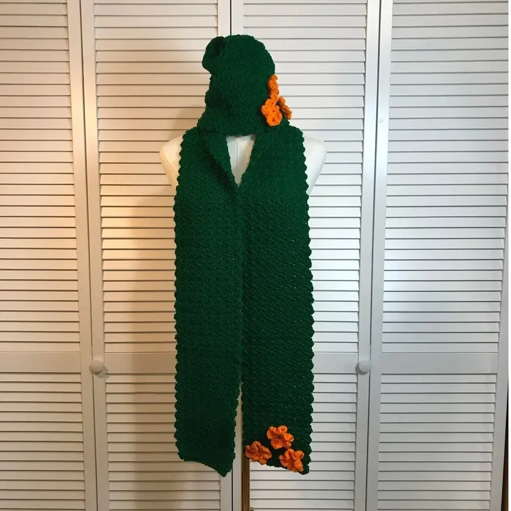 NWT Crochet Boho Cottage Winter Ivy Green Striped Scarf 66” & Beanie Set